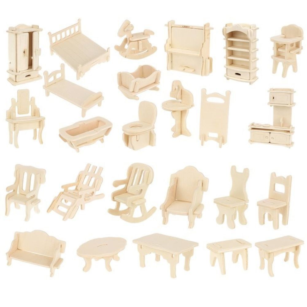 3D дървен пъзел за сглобяване на мебели за кукленска къща 34 бр.