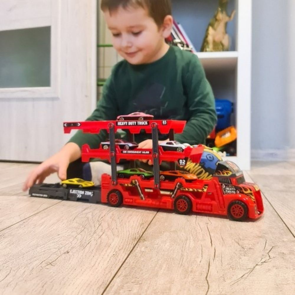 Играчка Камион Transporter с 6 колички, Червен