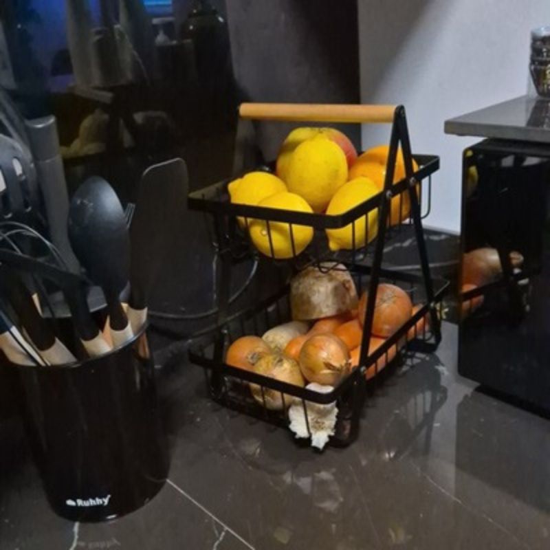 Двуетажна кошница за зеленчуци и плодове Ruhhy, метална, черна