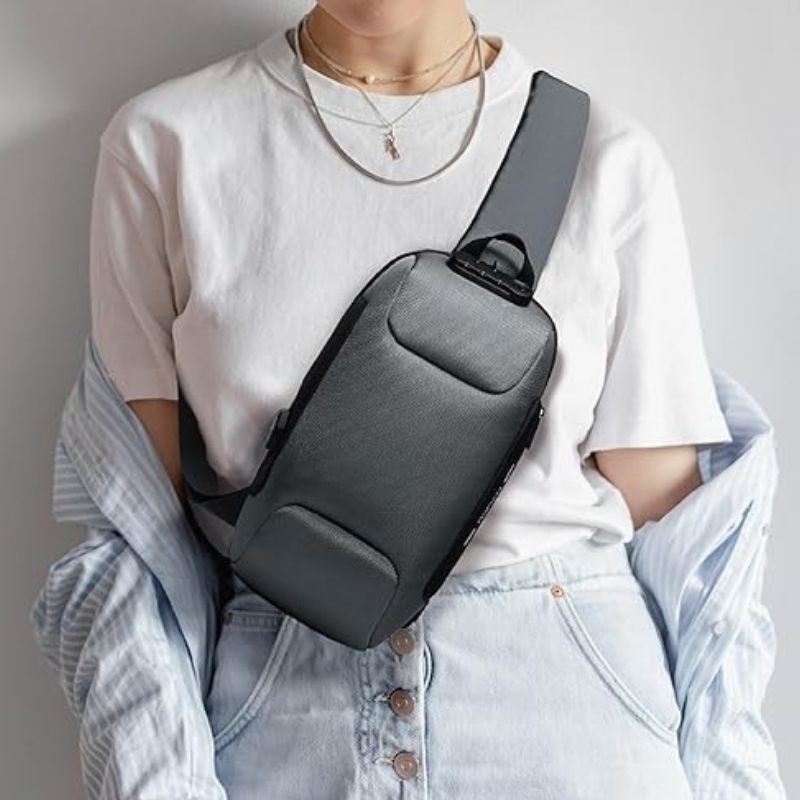 Раница Ozuko, водоустойчива, с USB, с заключващ механизъм, 18х10х35 см, Сива