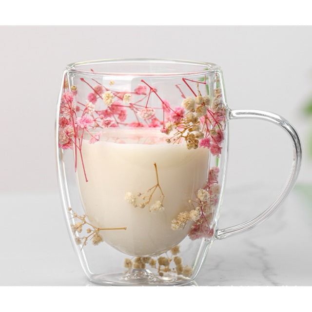 Двустенна стъклена чаша с цветя, боросиликатно стъкло, 300 мл