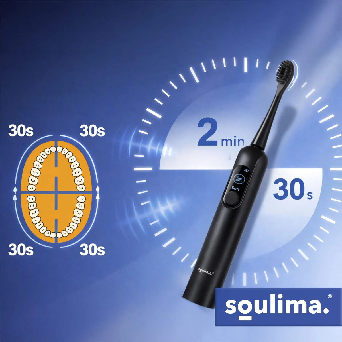 Електрическа звукова четка за зъби Soulima, 90 000 оборота/мин. + 6 глави, черна