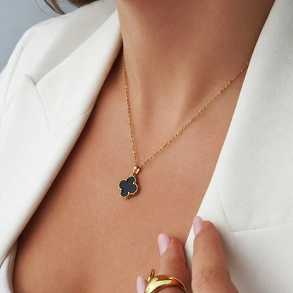 Комплект колие + гривна с черна детелина, стомана с 14-карата златно покритие