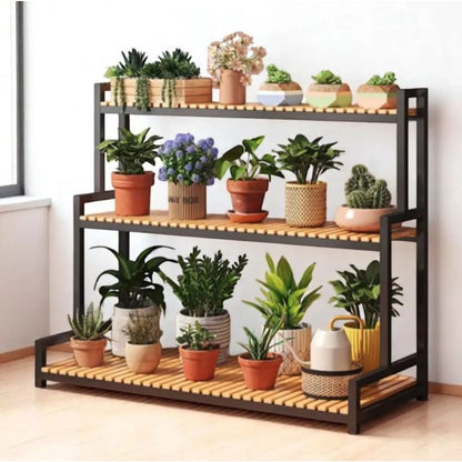 Поставка за цветя, метална, черна, 3 рафта