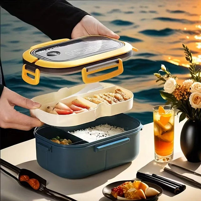 Кутия за обяд, херметична, 1200 мл, двуслойна микровълнова бенто кутия с отделения