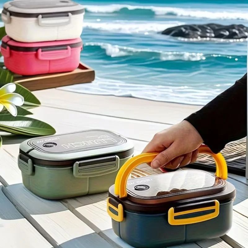 Кутия за обяд, херметична, 1200 мл, двуслойна микровълнова бенто кутия с отделения