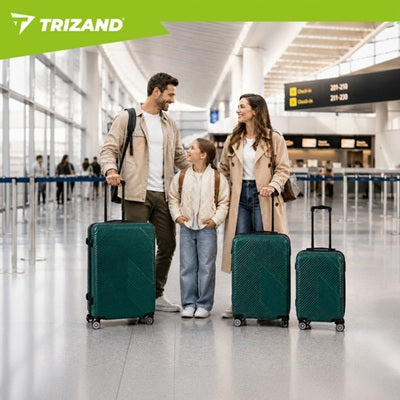 Комплект от 3 броя куфари Trizand, S/M/L, телескопична дръжка, екстра твърд ABS, Тъмно зелени