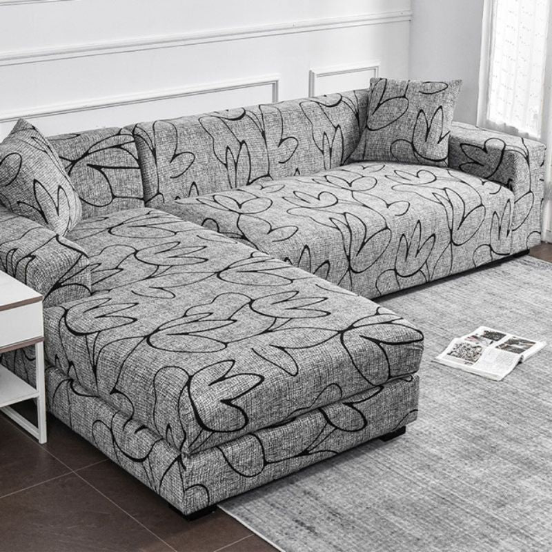 Калъф за ъглов диван, сив с флорални мотиви