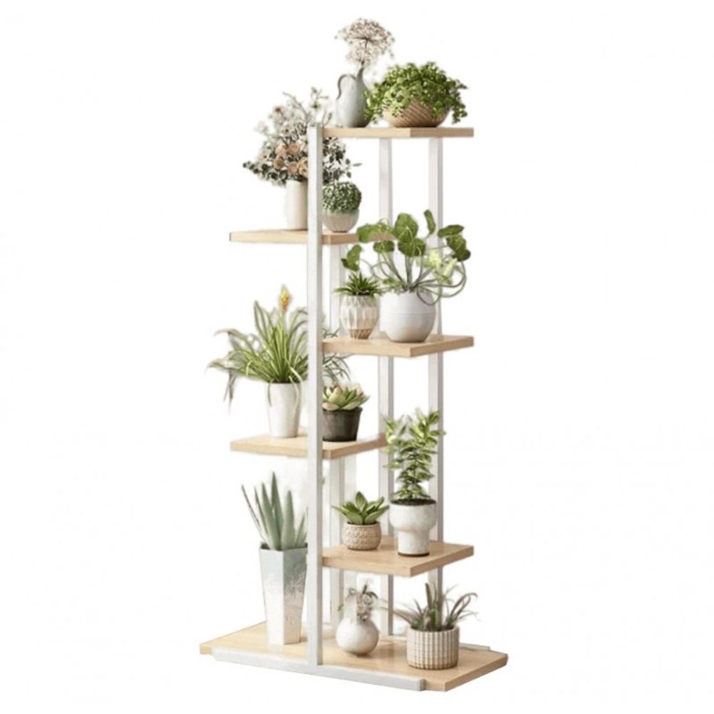 Поставка за цветя, метална, с 6 дървени рафта, 113 x 60 x 20 cm, бяла