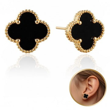 Комплект колие + обеци с черни детелини, стомана с 14-карата златно покритие