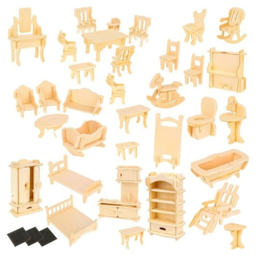 3D дървен пъзел за сглобяване на мебели за кукленска къща 34 бр.