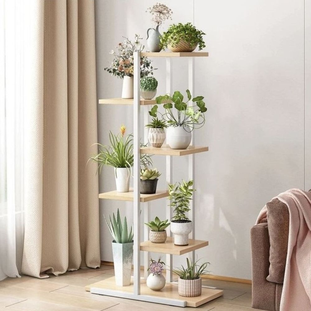 Поставка за цветя, метална, с 6 дървени рафта, 113 x 60 x 20 cm, бяла