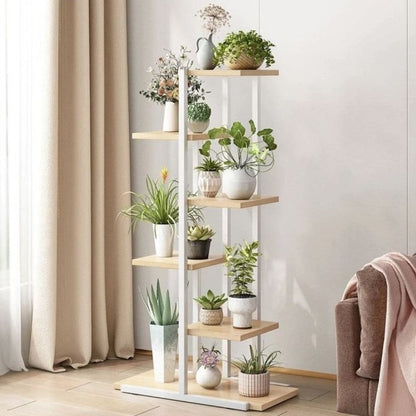 Поставка за цветя, метална, с 6 дървени рафта, 113 x 60 x 20 cm, бяла