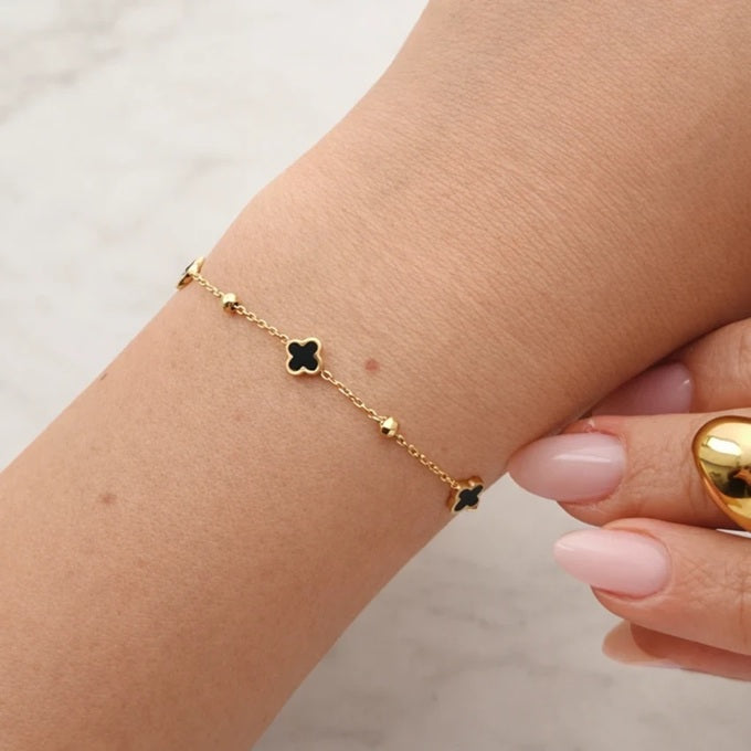 Комплект колие + гривна с черна детелина, стомана с 14-карата златно покритие