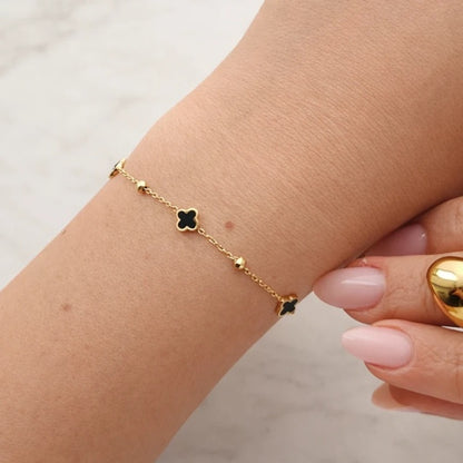 Комплект колие + гривна с черна детелина, стомана с 14-карата златно покритие