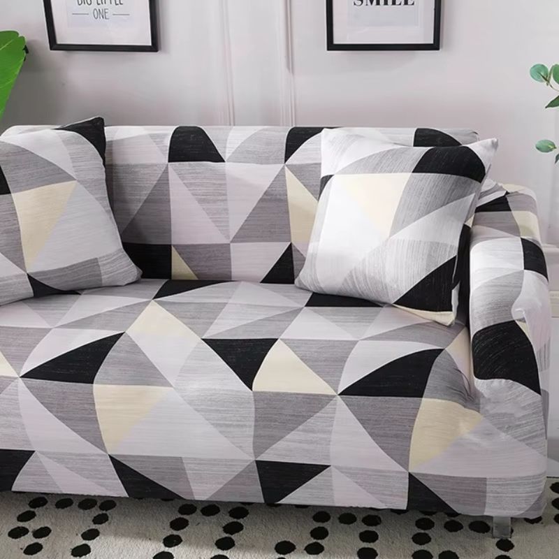 Калъф за ъглов диван, сив с триъгълници