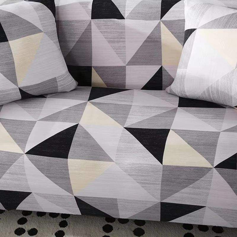 Калъф за ъглов диван, сив с триъгълници