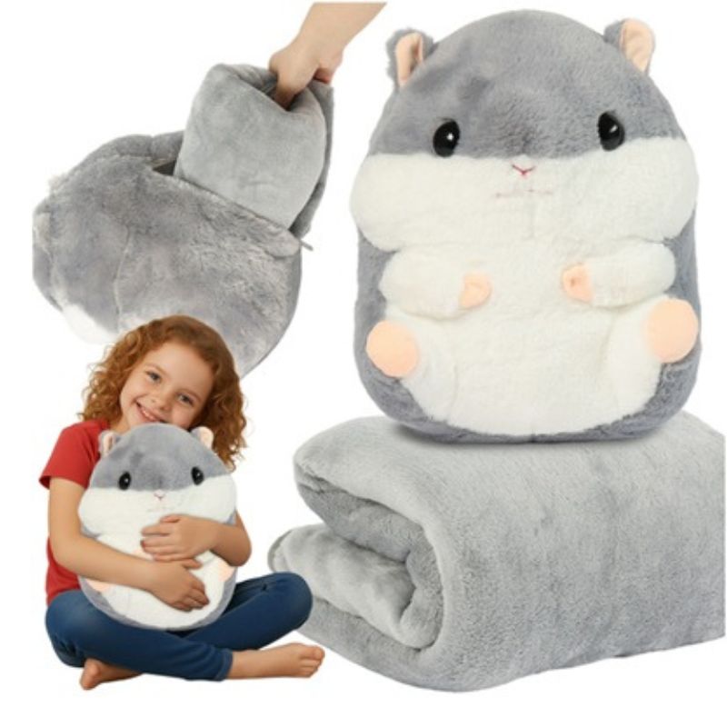 3 в 1 - Плюшена играчка Хамстер, възглавница и одеяло Kruzzel, сиво