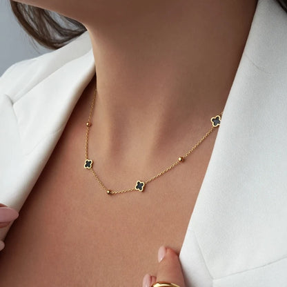 Комплект колие + гривна с черна детелина, стомана с 14-карата златно покритие