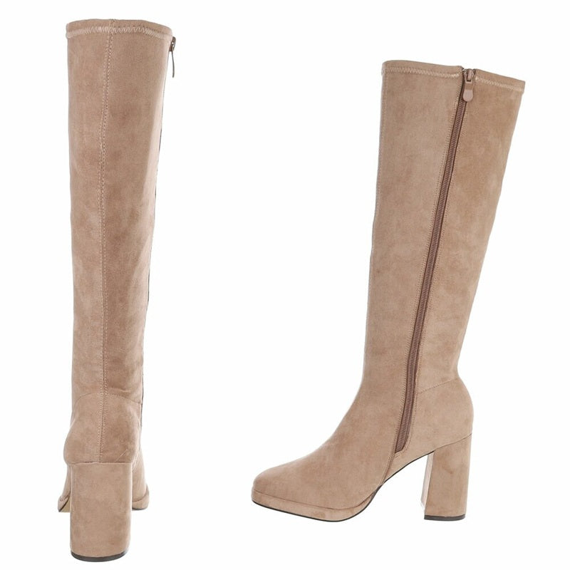 Дамски ботуши с ток, Велур, Светло кафяви