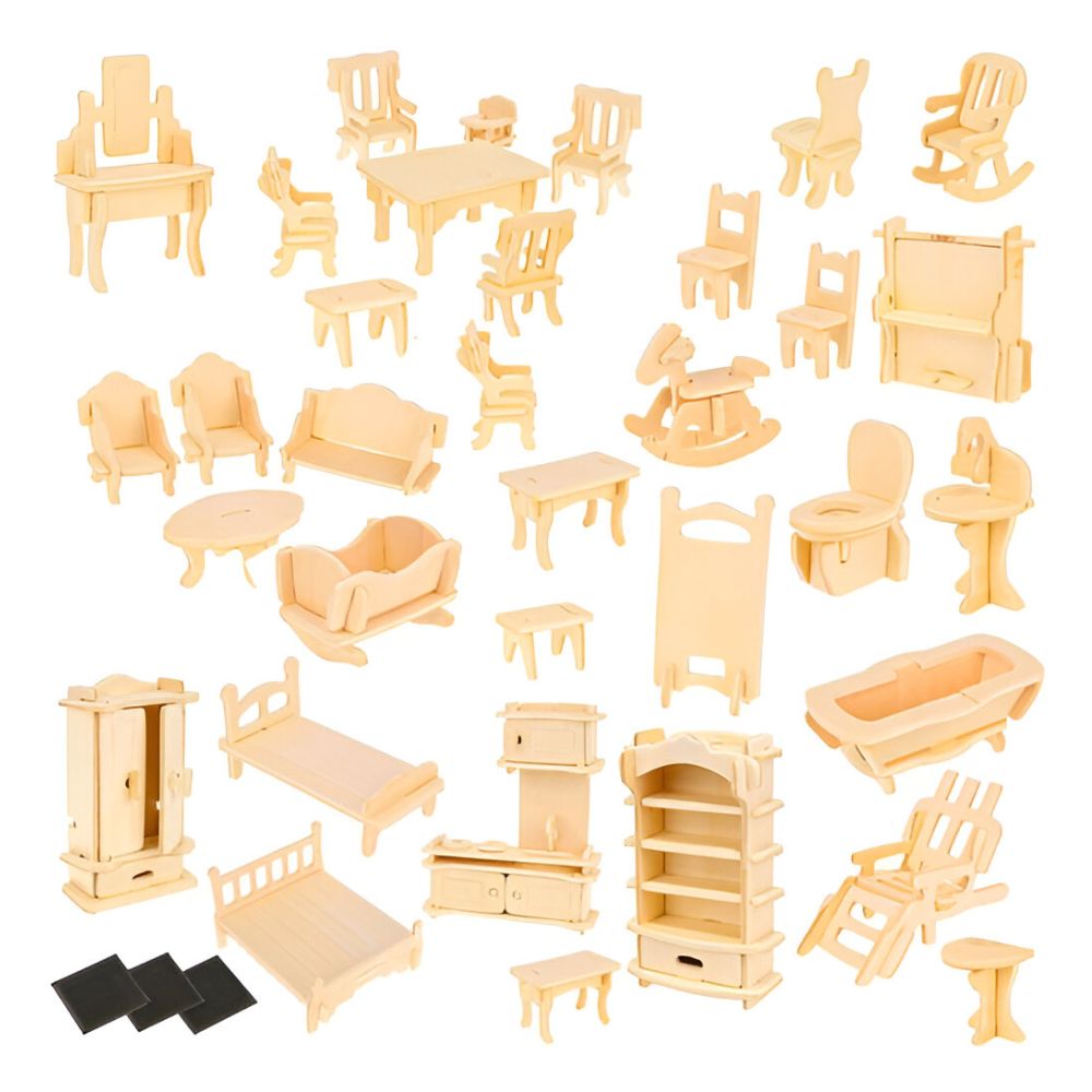 3D дървен пъзел за сглобяване на мебели за кукленска къща, 34 броя