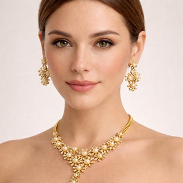 Елегантен комплект бижута с перли и кристали – Колие + Обеци