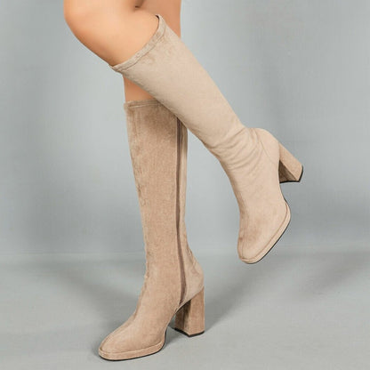 Дамски ботуши с ток, Велур, Светло кафяви