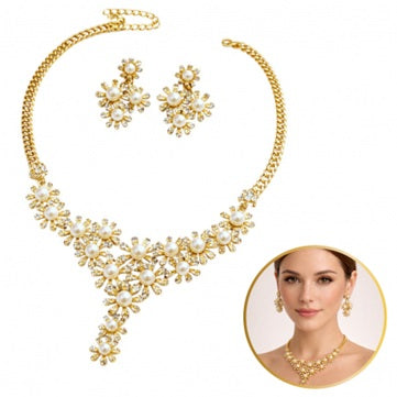 Елегантен комплект бижута с перли и кристали – Колие + Обеци