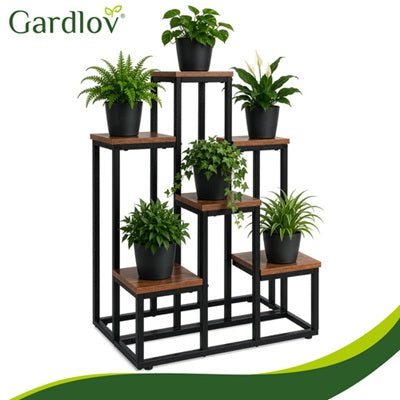 Поставка за цветя Gardlov, 6 дървени рафта, метална конструкция