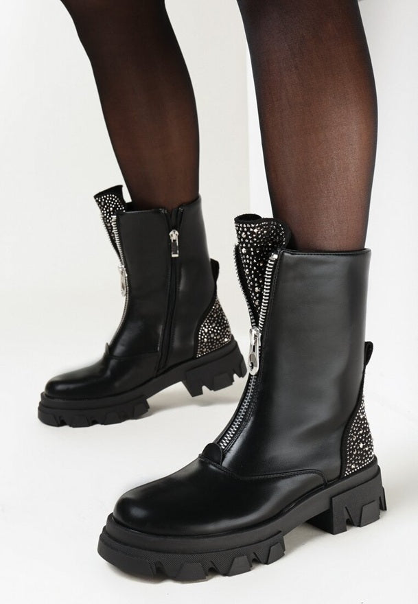 Дамски боти до глезена, еко кожа, Черен