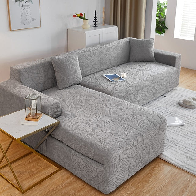 Калъф за ъглов диван, плътен жакард, светло сив