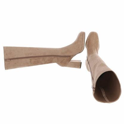 Дамски ботуши с ток, Велур, Светло кафяви