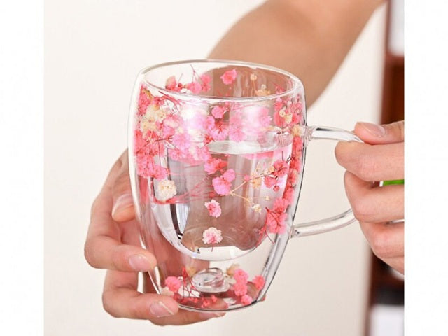 Двустенна стъклена чаша с цветя, боросиликатно стъкло, 300 мл