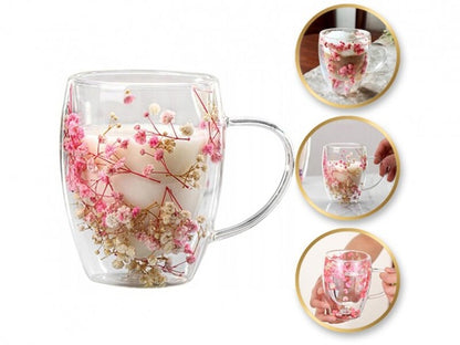 Двустенна стъклена чаша с цветя, боросиликатно стъкло, 300 мл