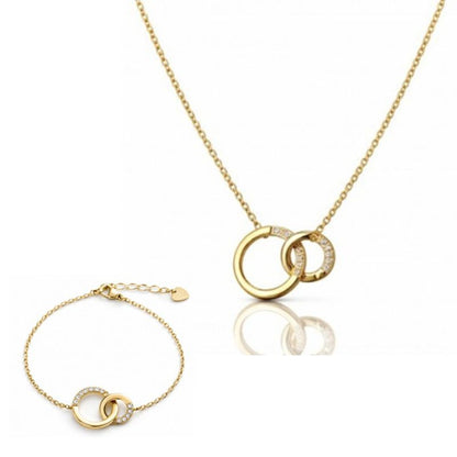 Комплект колие и гривна, стомана с 14-карата златно покритие, преплетени пръстени, кубичен цирконий