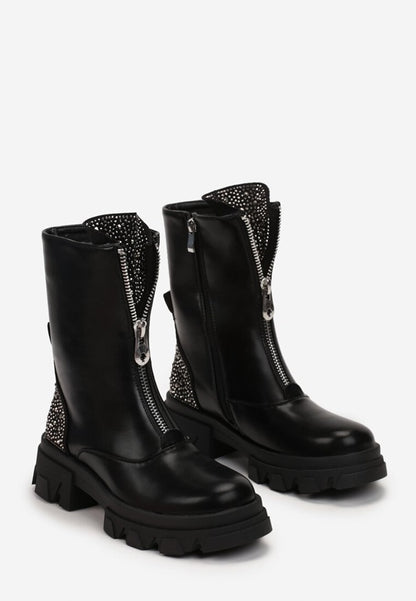 Дамски боти до глезена, еко кожа, Черен