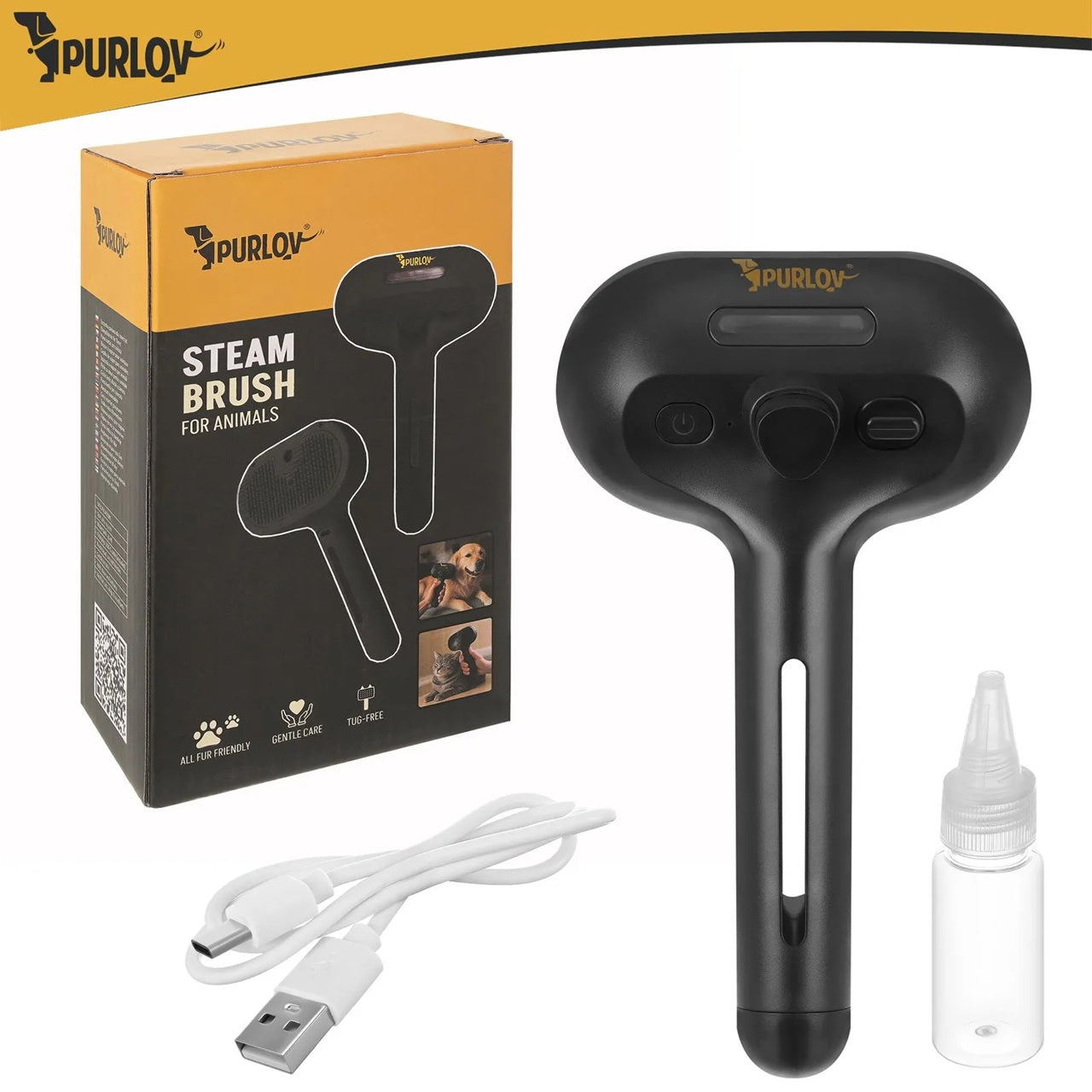 Електрическа парна четка за кучета и котки Purlov,  самопочистваща се, презареждаща се с USB