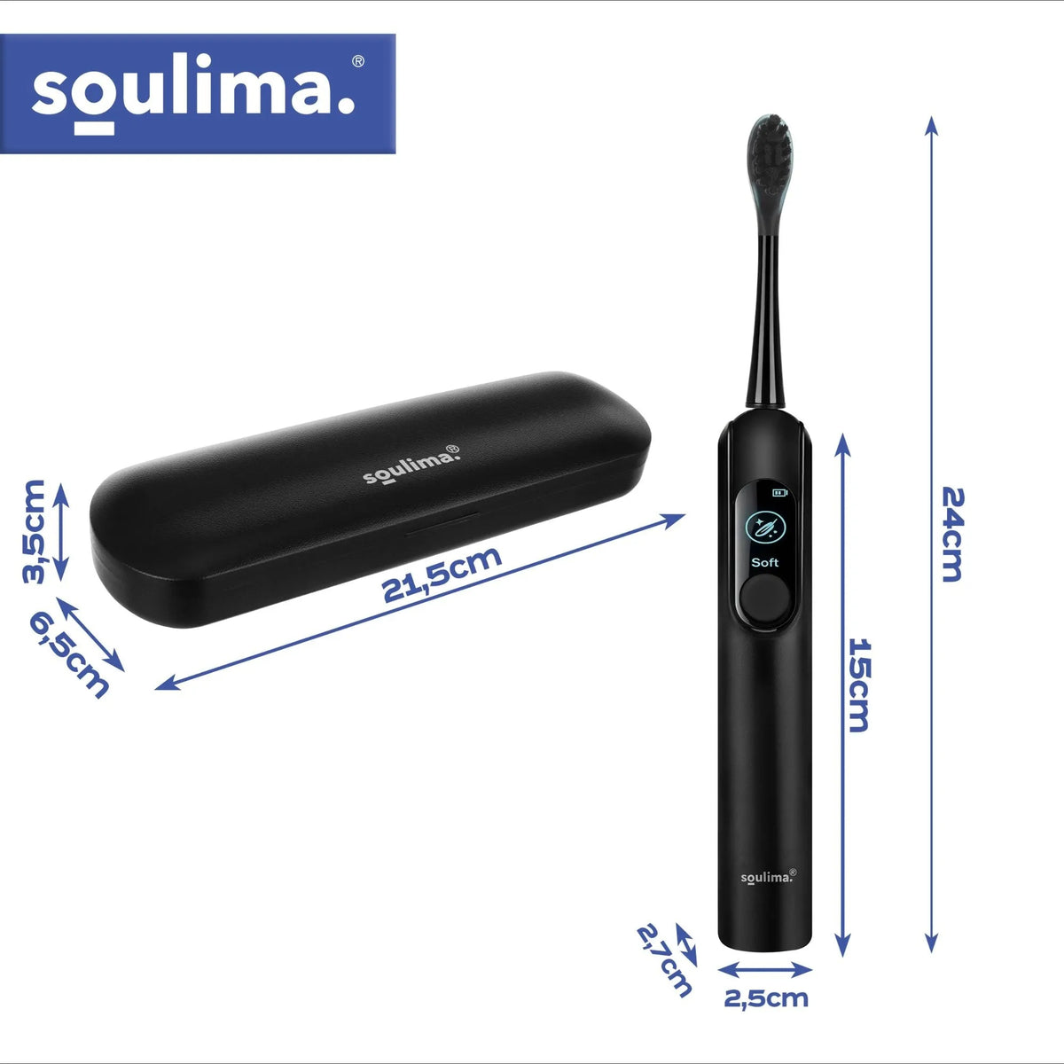 Електрическа звукова четка за зъби Soulima, 90 000 оборота/мин. + 6 глави, черна
