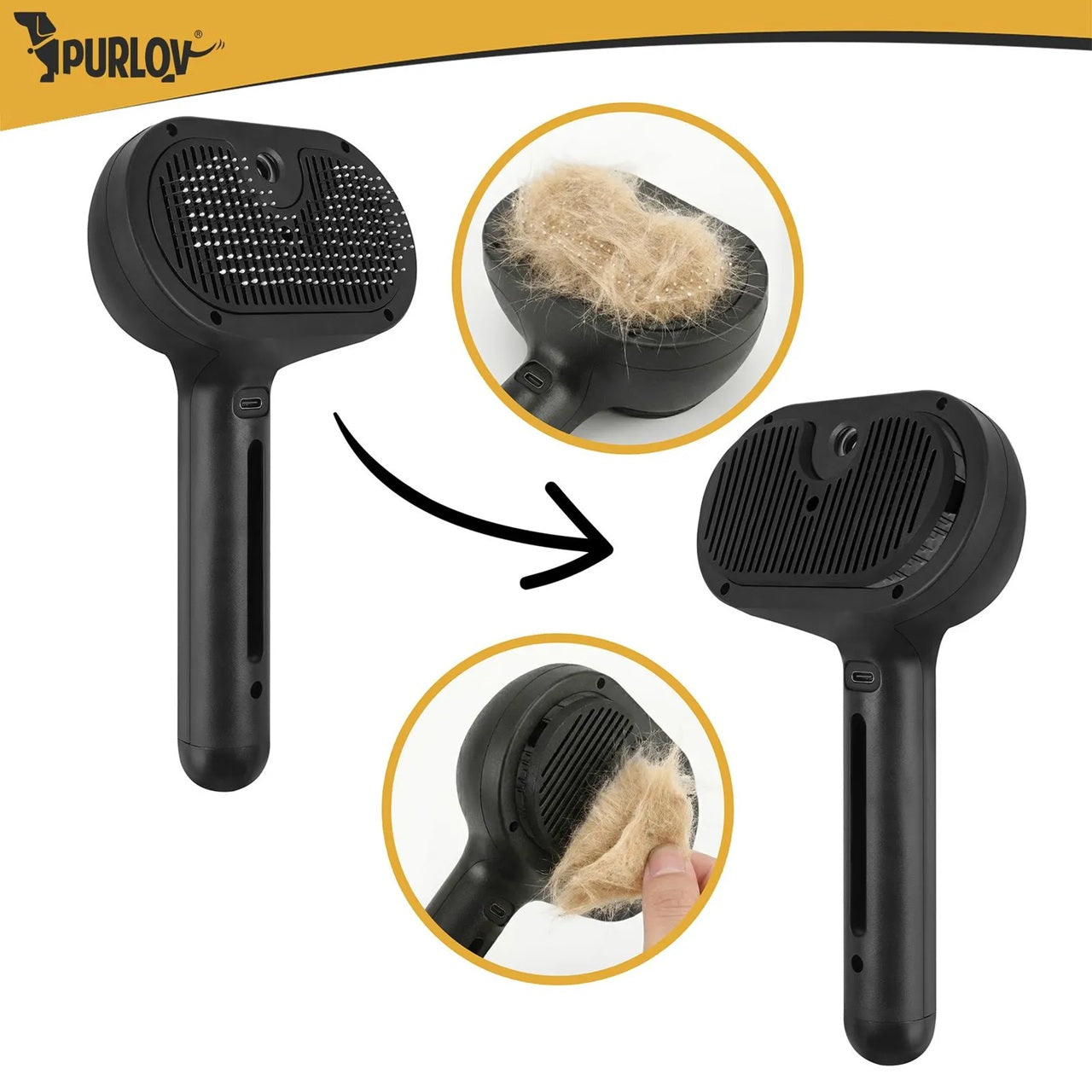 Електрическа парна четка за кучета и котки Purlov,  самопочистваща се, презареждаща се с USB
