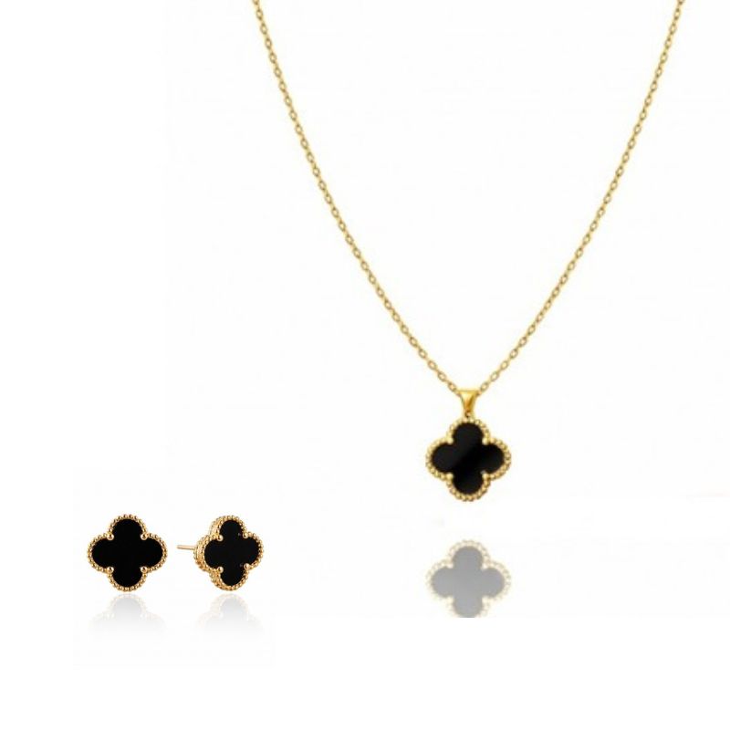 Комплект колие + обеци с черни детелини, стомана с 14-карата златно покритие