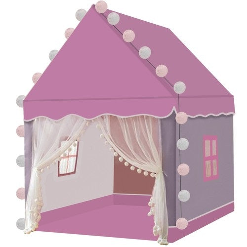 Детска палатка за игра с LED лампи, Розово-сива, Размери 130х100х115 см
