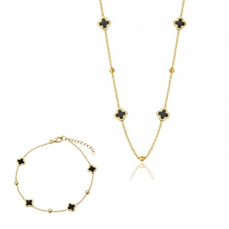 Комплект колие + гривна с черна детелина, стомана с 14-карата златно покритие