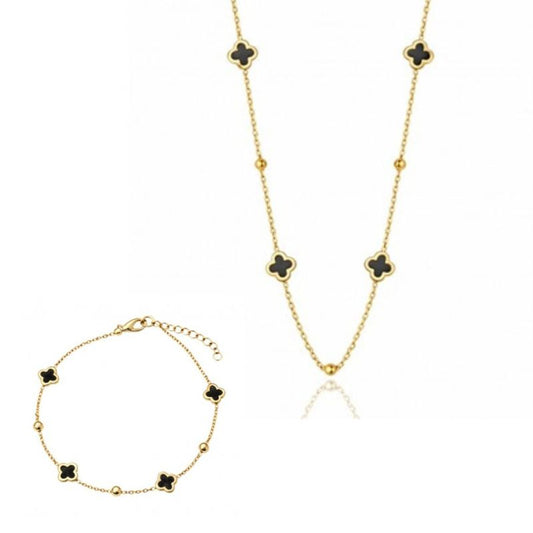 Комплект колие + гривна с черна детелина, стомана с 14-карата златно покритие