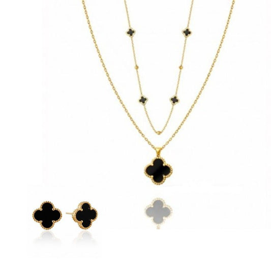 Комплект колие + обеци с черни детелини, стомана с 14-карата златно покритие