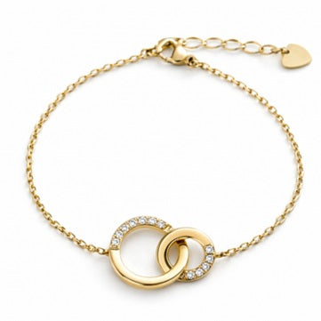 Комплект колие и гривна, стомана с 14-карата златно покритие, преплетени пръстени, кубичен цирконий