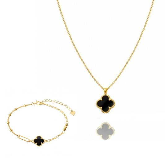 Комплект колие + гривна с черна детелина, стомана с 14-карата златно покритие