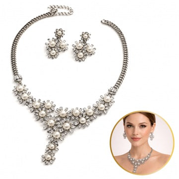 Елегантен комплект бижута с перли и кристали – Колие + Обеци