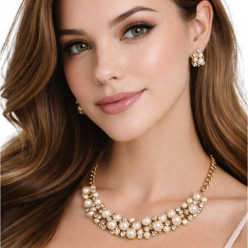 Елегантен комплект бижута с перли и кристали – Колие + Обеци