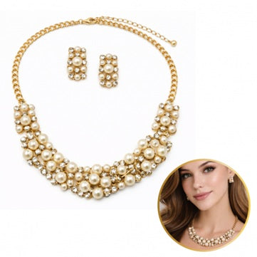 Елегантен комплект бижута с перли и кристали – Колие + Обеци