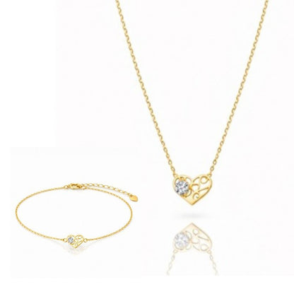Комплект колие и гривна, стомана с 14-карата златно покритие, ажурно сърце, кубичен цирконий